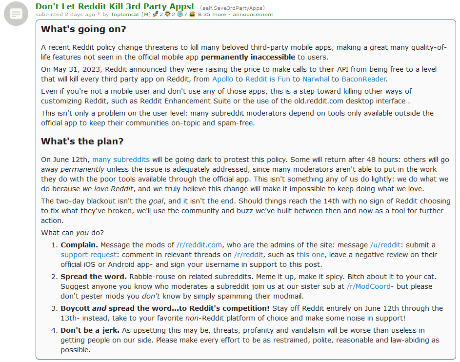 Capture d’écran du post reddit appelant au blocage © reddit.com
