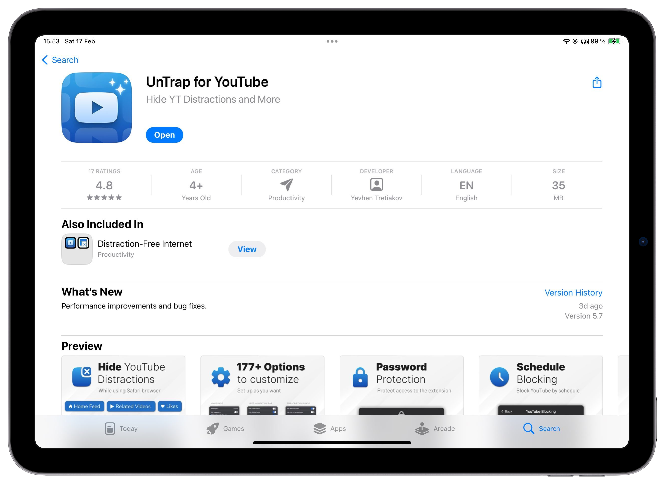 L'application ou l'extension UnTrap for YouTube sur l'App Store © Apple